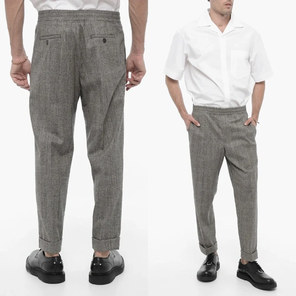 NWT NEIL BARRETT Virgin Wool Plaid Check Elastic Waist Cuffed Slim Trousers 32 - Picture 2 of 10